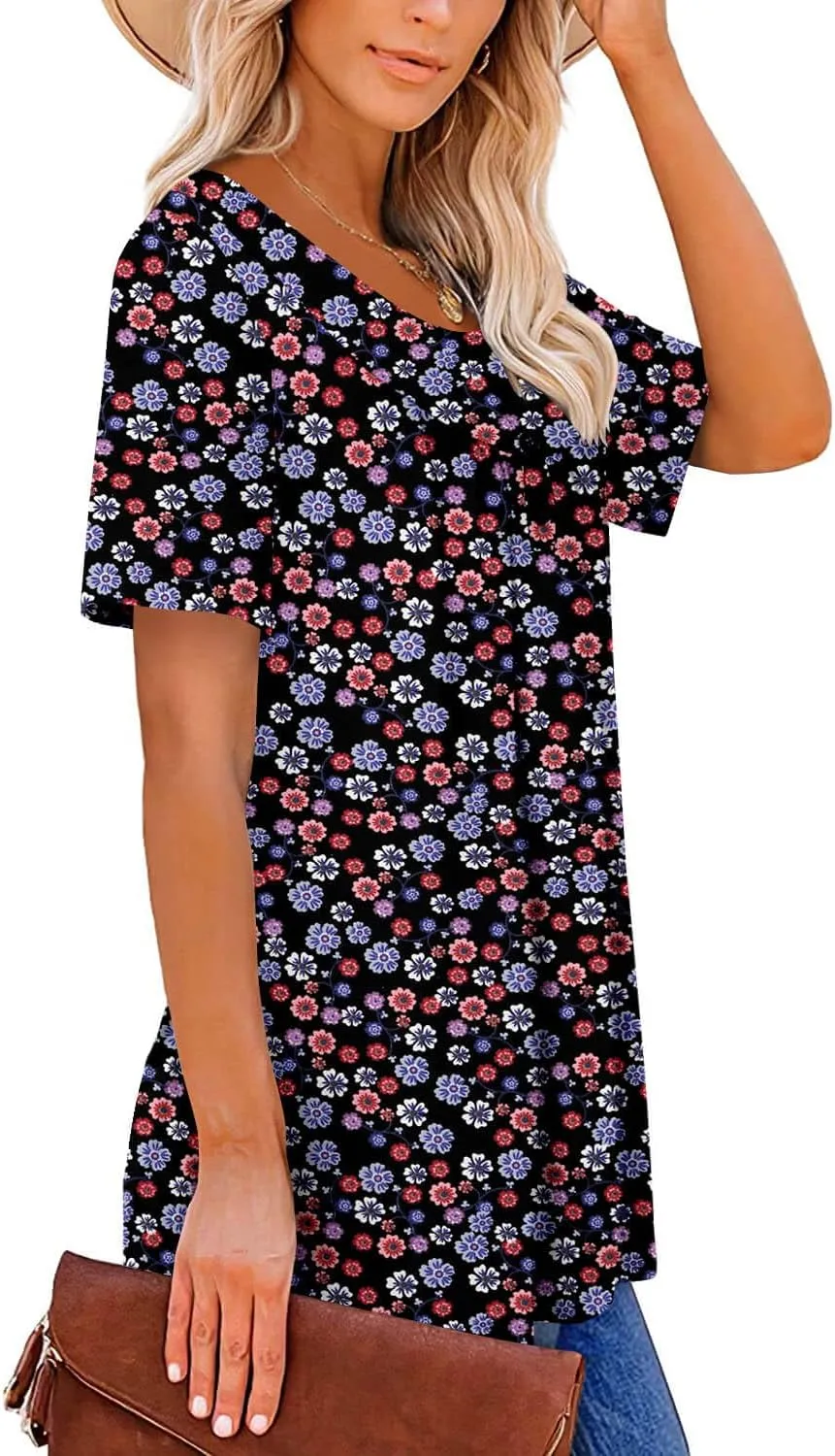 ONLYSHE Womens Summer Short Sleeve Shirts V Neck Tops Casual Tunic Floral Ruffle Blouse