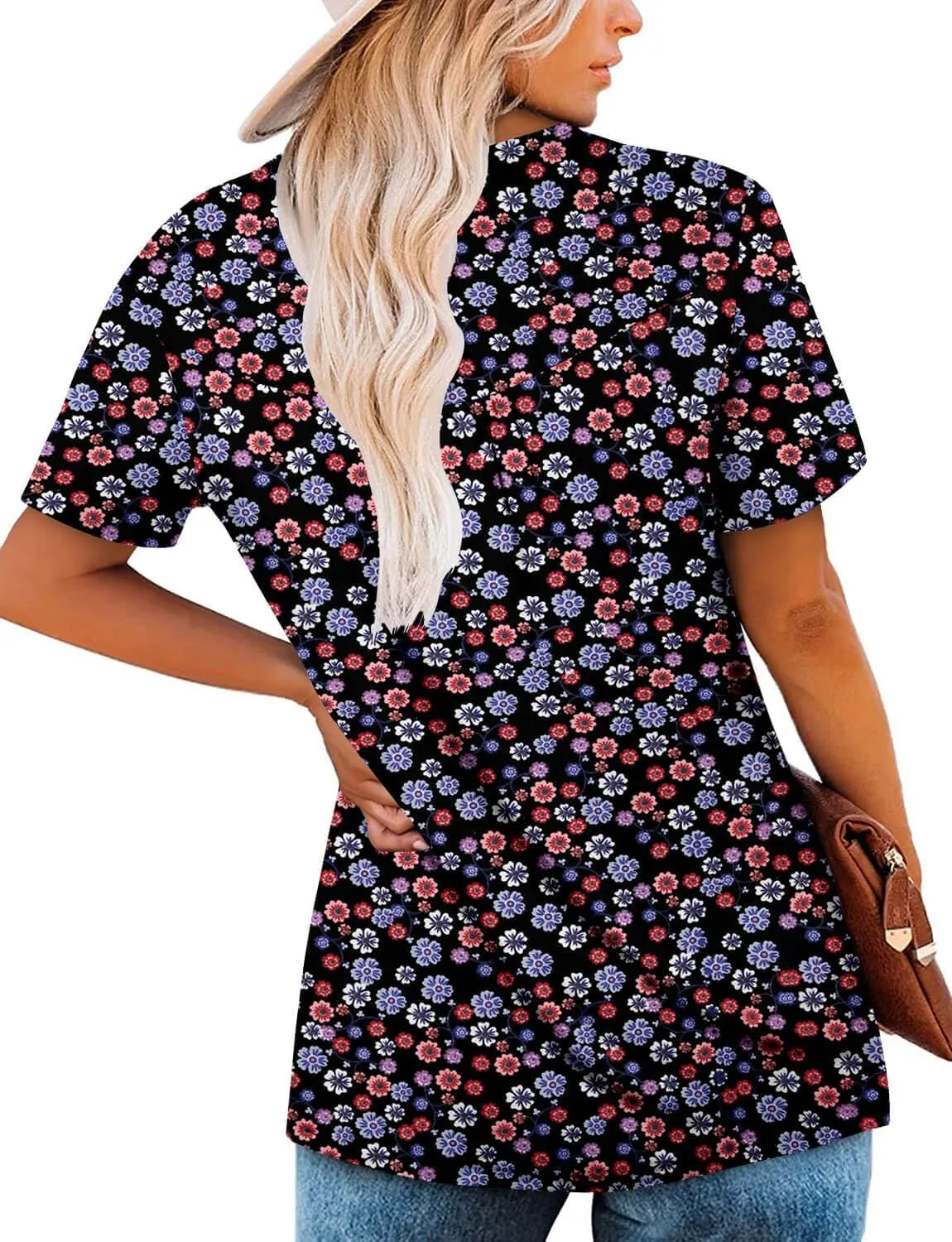 ONLYSHE Womens Summer Short Sleeve Shirts V Neck Tops Casual Tunic Floral Ruffle Blouse
