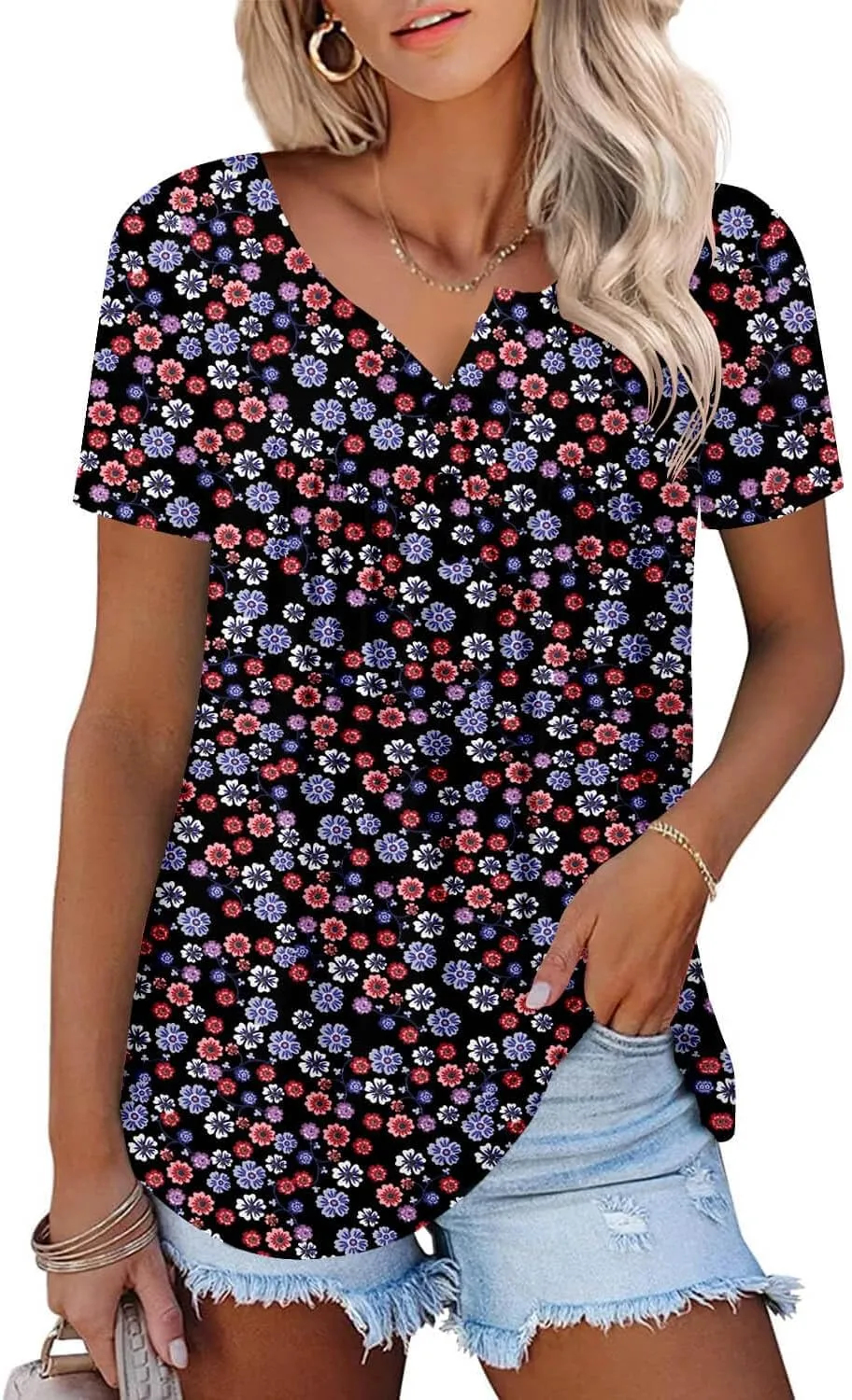 ONLYSHE Womens Summer Short Sleeve Shirts V Neck Tops Casual Tunic Floral Ruffle Blouse