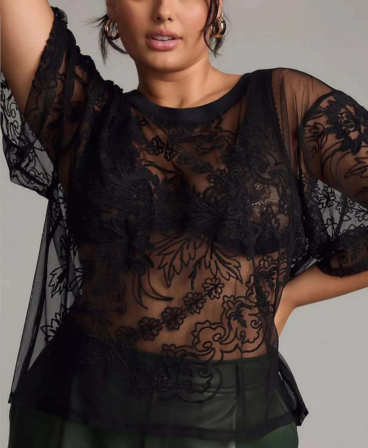 OPCAKM Women's Mesh Tops Y2K Short Sleeve Sheer Lace Embroidered Shirts Layering See Through Blouse