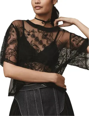 OPCAKM Women's Mesh Tops Y2K Short Sleeve Sheer Lace Embroidered Shirts Layering See Through Blouse