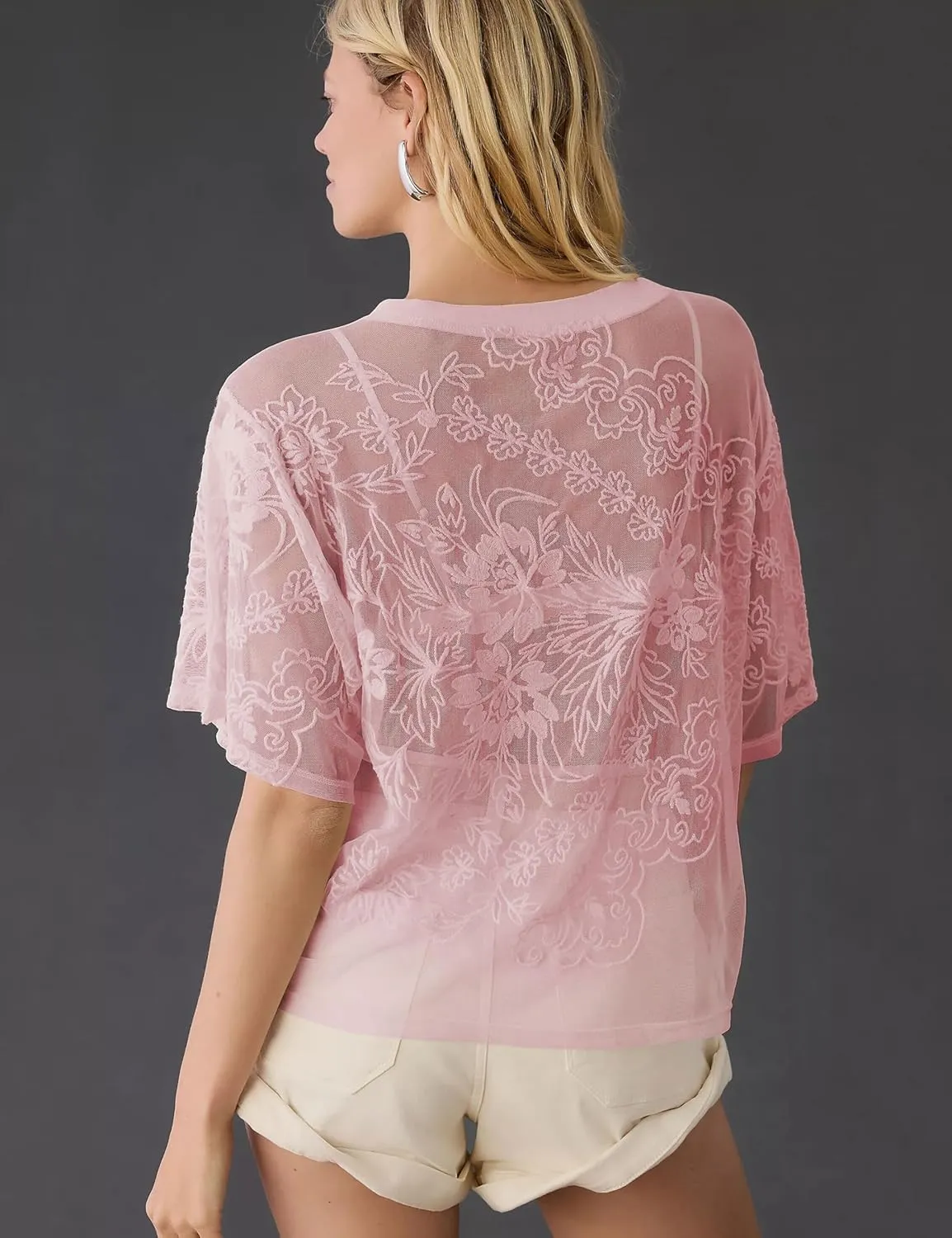 OPCAKM Women's Mesh Tops Y2K Short Sleeve Sheer Lace Embroidered Shirts Layering See Through Blouse