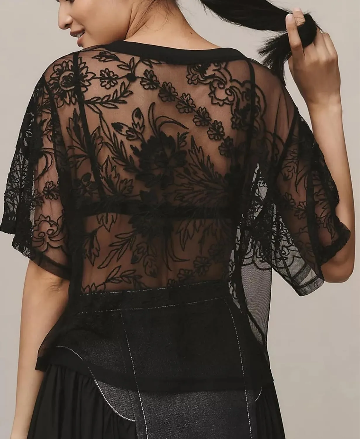 OPCAKM Women's Mesh Tops Y2K Short Sleeve Sheer Lace Embroidered Shirts Layering See Through Blouse