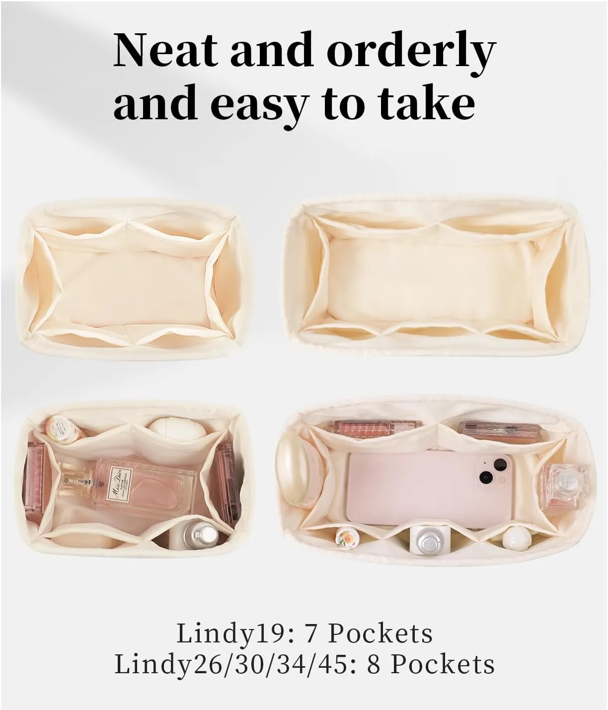 Organizer Insert for Hermes Bags, Luxury Bags Storage with Silk, Lightweight Inner Bag Compatible with Lindy 26 Bags, Multiple Pockets Large Capacity(Craie, Lindy26)