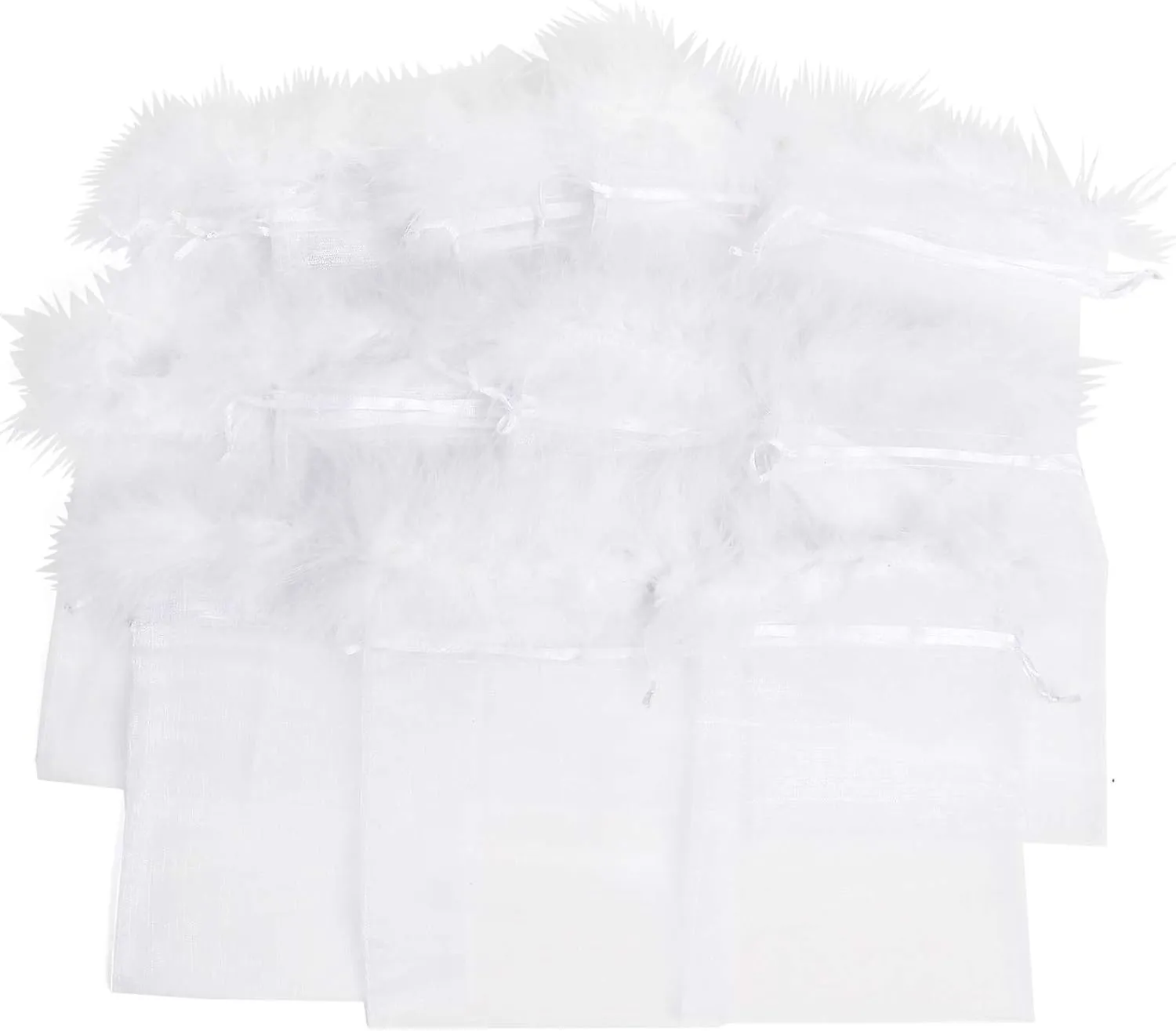 Organza Drawstring Bags Bulk, Feather Trimmed Top Pouches Bulk, Gift for Women Party Planner, White, 7x9 Inch