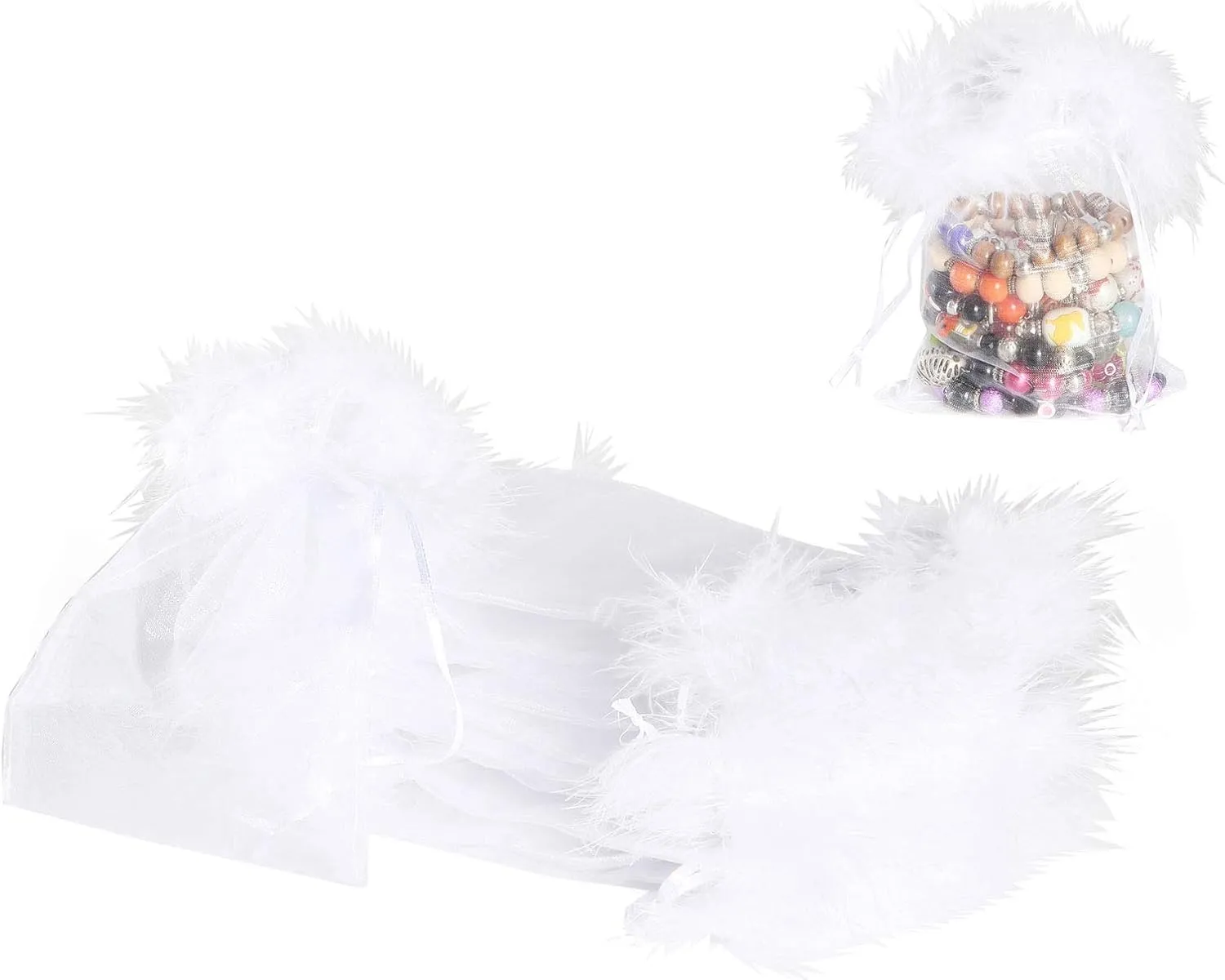 Organza Drawstring Bags Bulk, Feather Trimmed Top Pouches Bulk, Gift for Women Party Planner, White, 7x9 Inch
