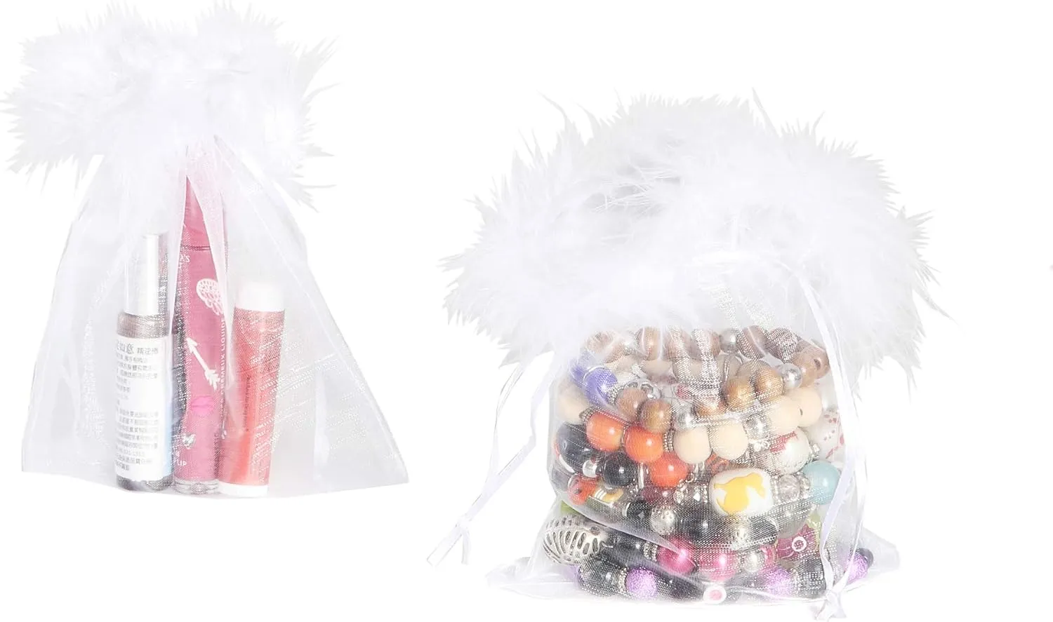 Organza Drawstring Bags Bulk, Feather Trimmed Top Pouches Bulk, Gift for Women Party Planner, White, 7x9 Inch