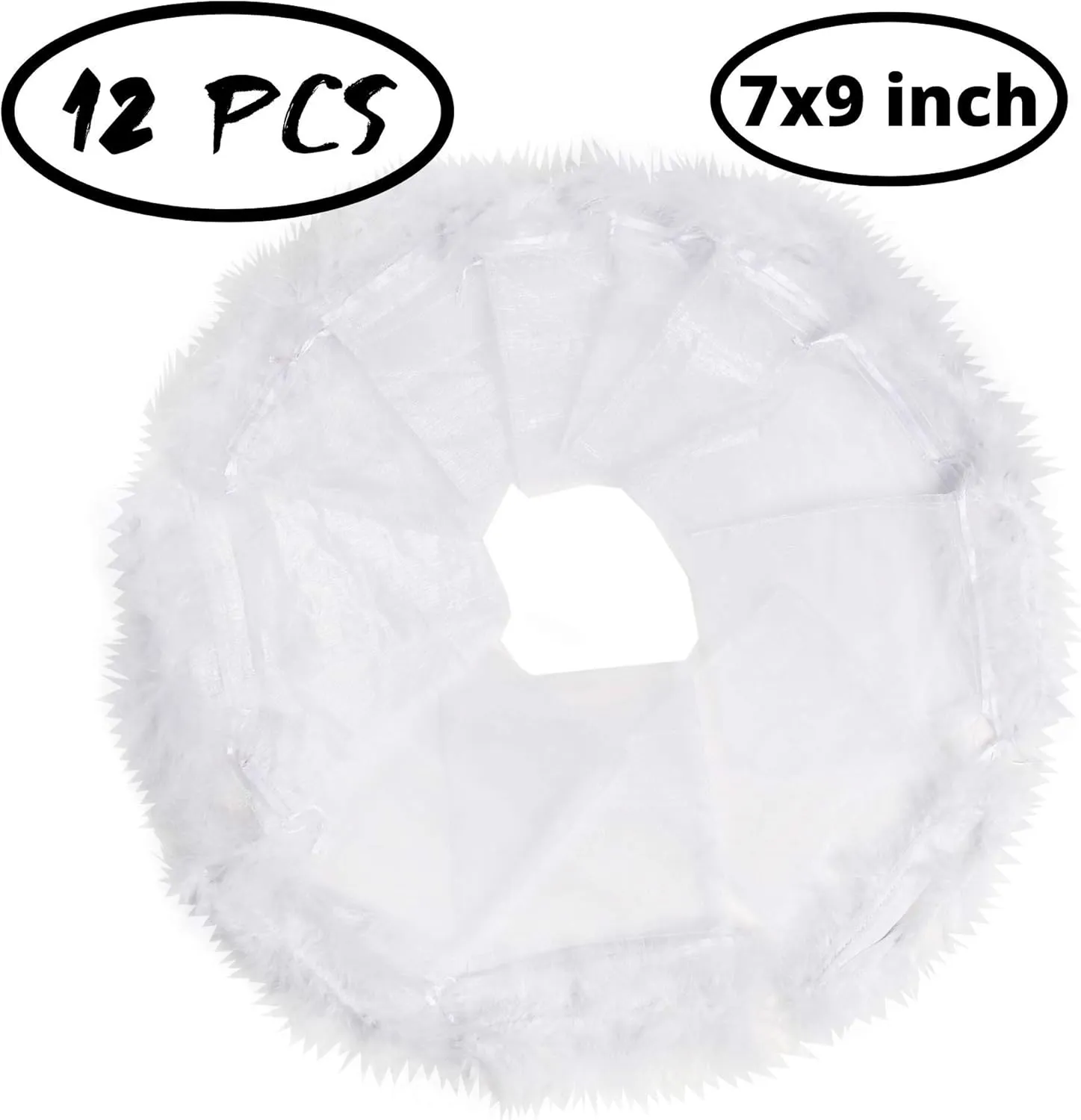 Organza Drawstring Bags Bulk, Feather Trimmed Top Pouches Bulk, Gift for Women Party Planner, White, 7x9 Inch