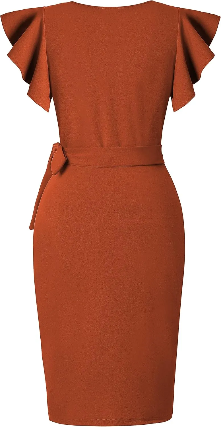 oten Womens Deep V Neck Ruffle Sleeve Sheath Casual Cocktail Party Work Faux Wrap Dress