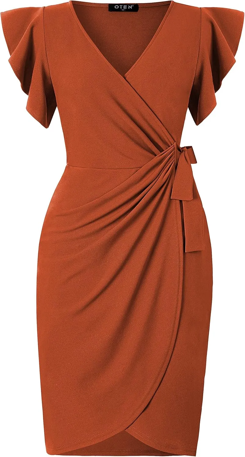 oten Womens Deep V Neck Ruffle Sleeve Sheath Casual Cocktail Party Work Faux Wrap Dress