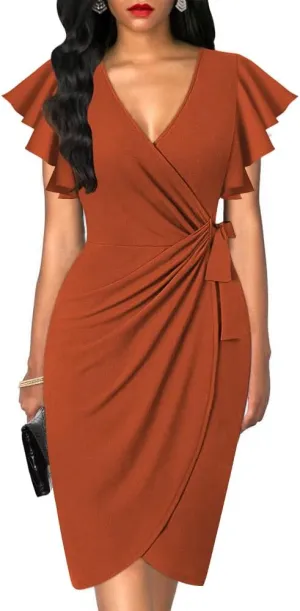 oten Womens Deep V Neck Ruffle Sleeve Sheath Casual Cocktail Party Work Faux Wrap Dress