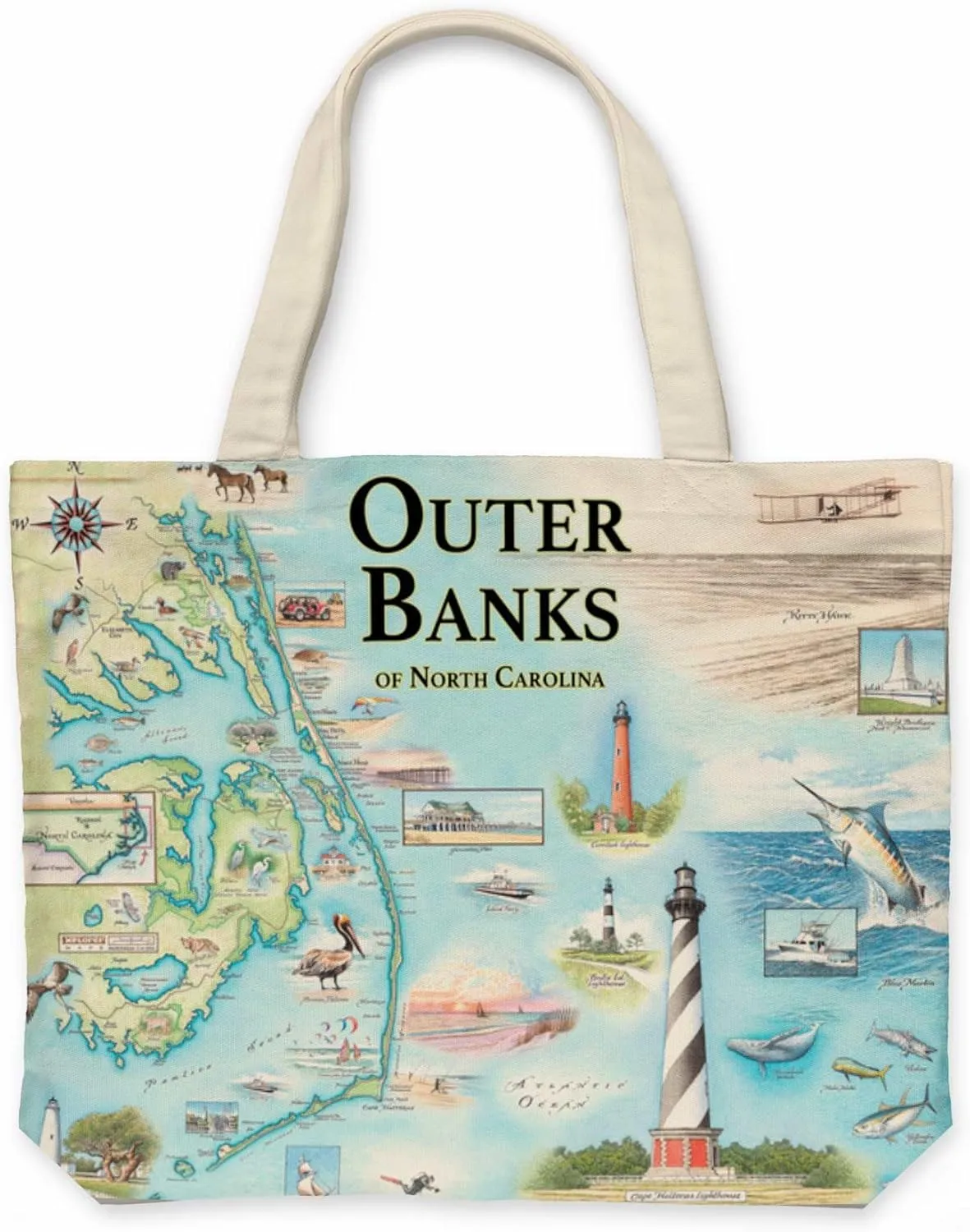 Outer Banks, North Carolina Map Canvas Tote Bag with Handles, Cloth Grocery Shopping Bag, Reusable & Eco-friendly Bag, 100% Cotton, Washable, 18 wide x 15 tall