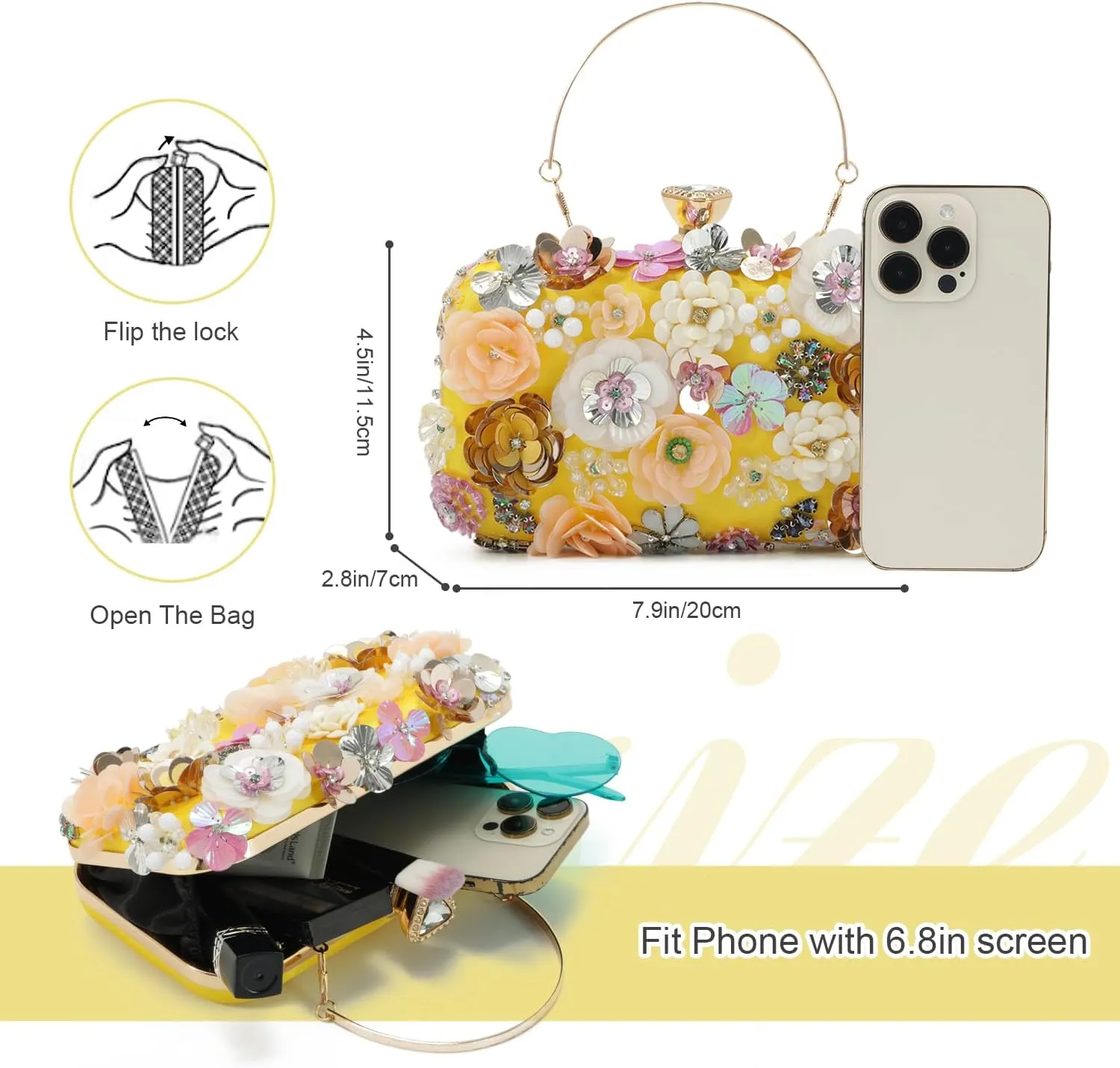Oweisong 3D Flower Clutch Purses for Women Gold Formal Wedding Party Evening Bags Chain Floral Shoulder bag