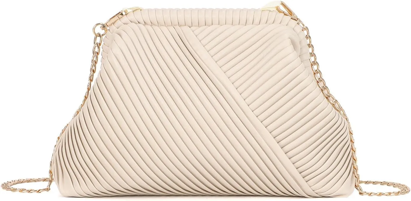Oweisong Striped Clutch Purse for Women Ruched Leather Evening Bag Small Handbag Purse Cloud Dumpling Bag with Chain