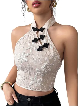 OYOANGLE Women's Floral Jacquard Halter Crop Top Sleeveless Backless Elegant Cheongsam Tops