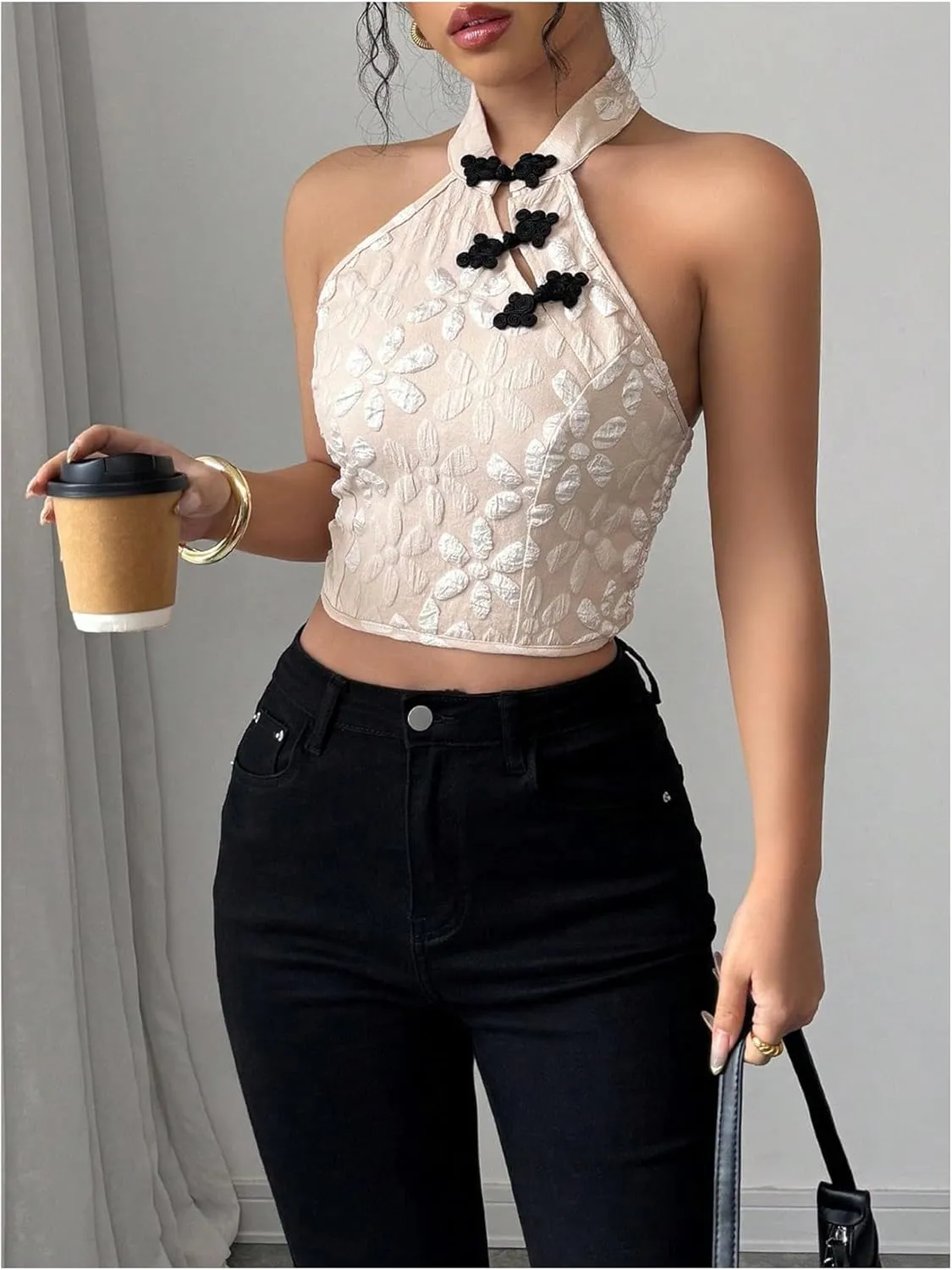 OYOANGLE Women's Floral Jacquard Halter Crop Top Sleeveless Backless Elegant Cheongsam Tops