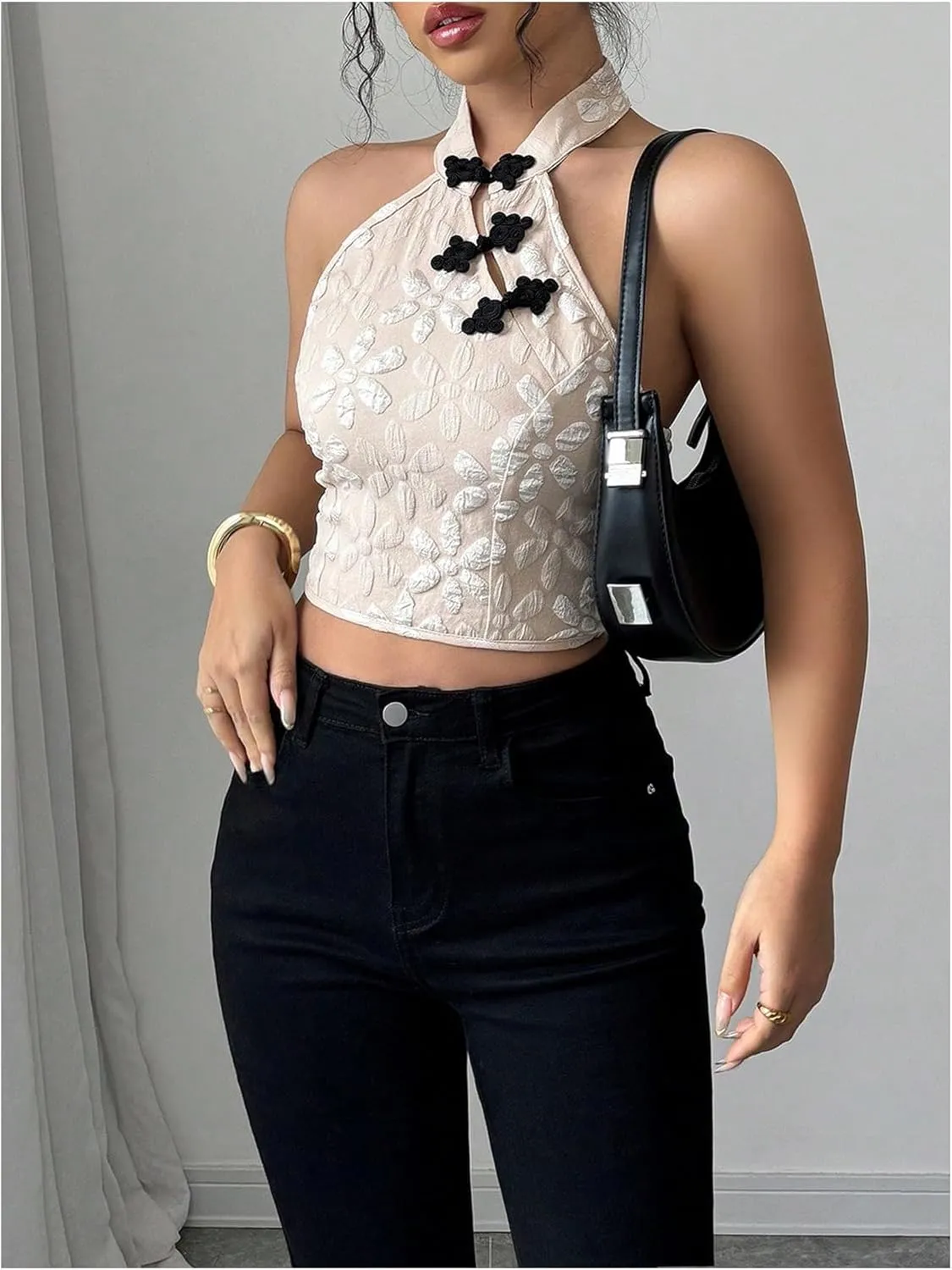 OYOANGLE Women's Floral Jacquard Halter Crop Top Sleeveless Backless Elegant Cheongsam Tops