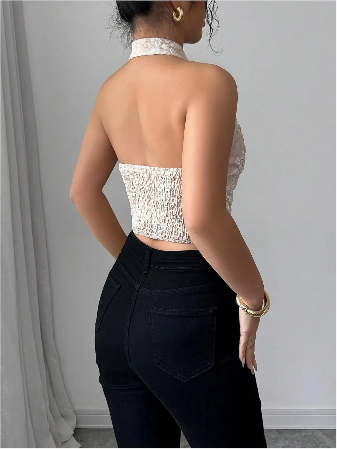 OYOANGLE Women's Floral Jacquard Halter Crop Top Sleeveless Backless Elegant Cheongsam Tops