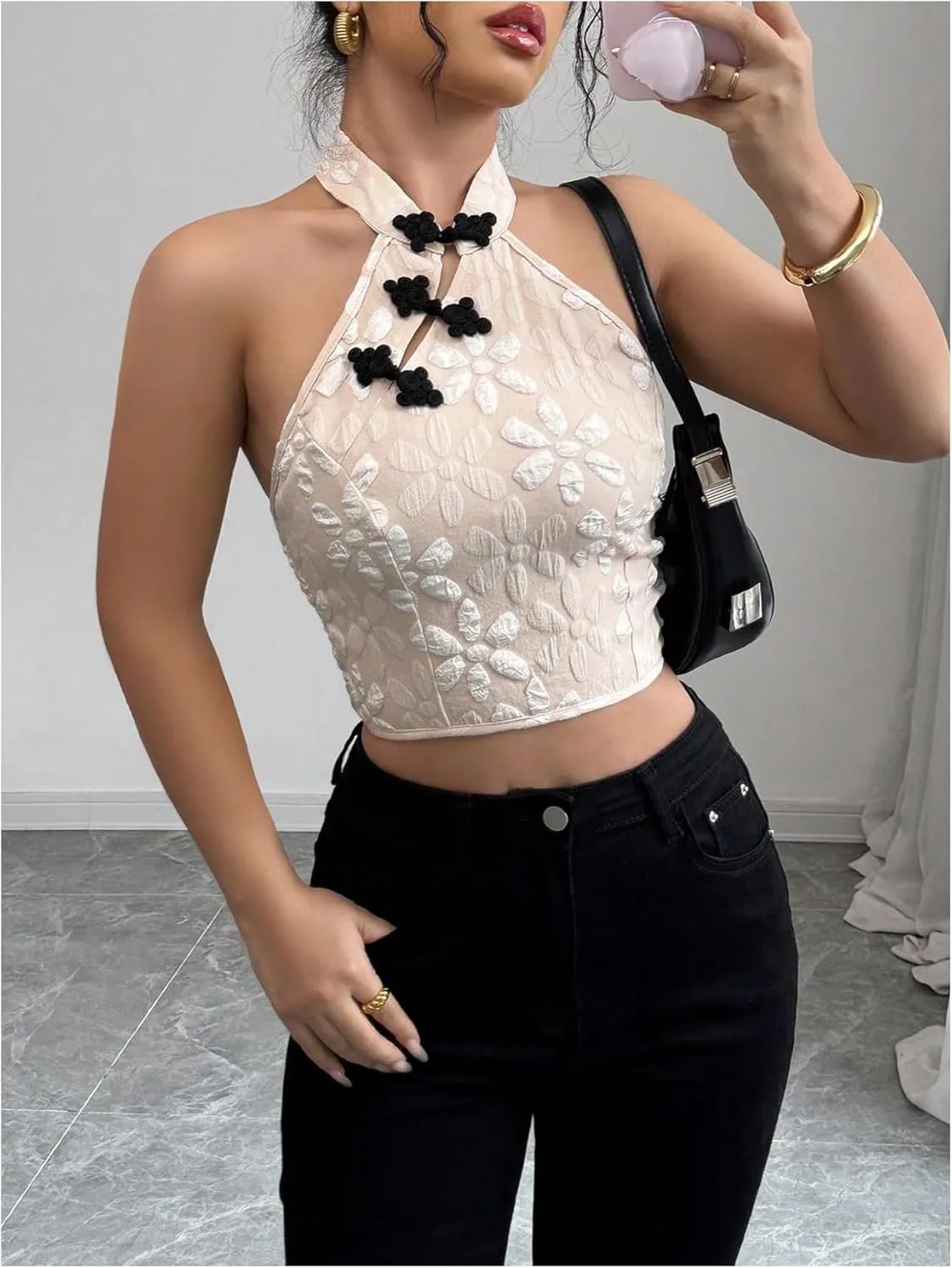 OYOANGLE Women's Floral Jacquard Halter Crop Top Sleeveless Backless Elegant Cheongsam Tops