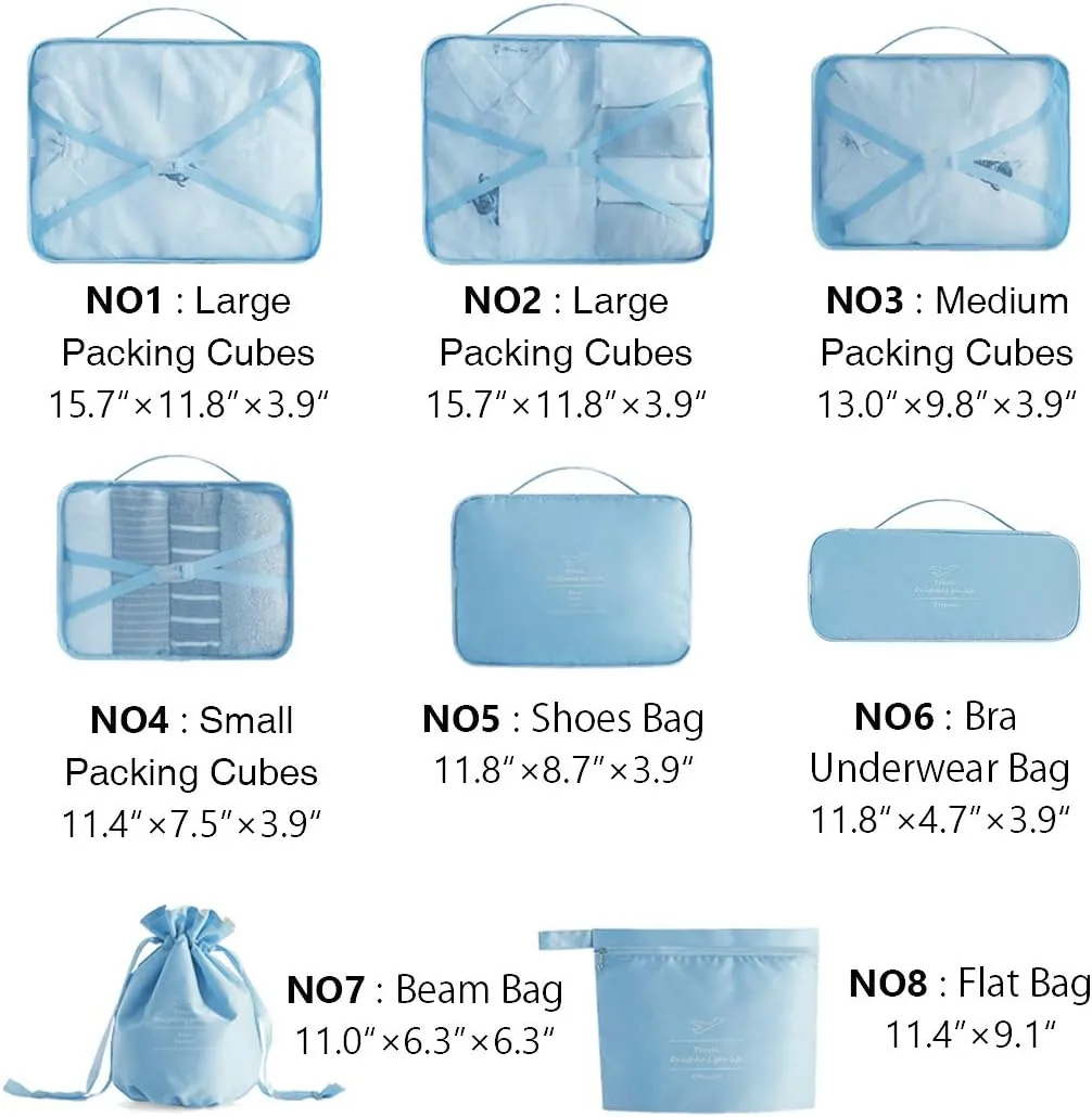 Packing Cubes - 8-Piece Travel Organizer Set for Clothes, Shoes, Cosmetics