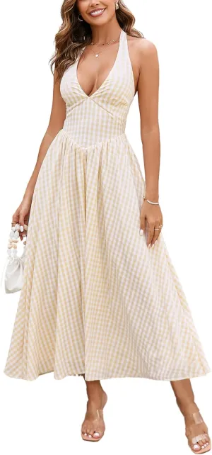 Parthea Women's Plaid Back Smocked Maxi Dress Sexy V Neck Elegant Flowy Swing Long Dress