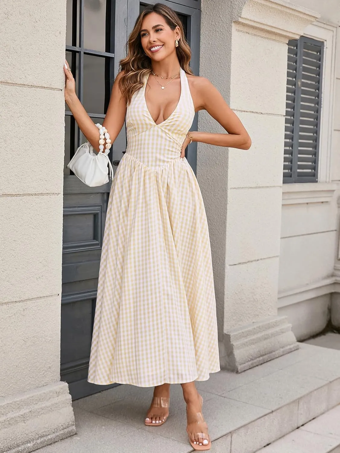 Parthea Women's Plaid Back Smocked Maxi Dress Sexy V Neck Elegant Flowy Swing Long Dress