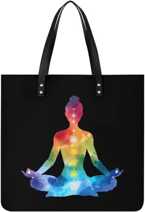 Pastel Chakra Pose Tie Dye Leather Tote Bag for Women Men Shoulder Bag Casual Handbag Work Bag 39x39cm