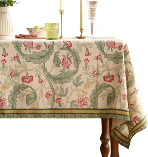 patdrea Designer Green Tablecloth for Rectangle Tables,Vintage Linen with Leaves and Flowers Pattern Tablecloths,Farmhouse Floral Table Cover Cloth Decor for Kitchen Dining Christmas,55"*87"
