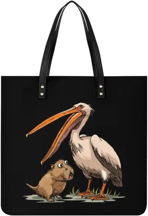Pelican Tries to Eat Capybara Leather Tote Bag for Women Men Shoulder Bag Casual Handbag Work Bag 39x39cm