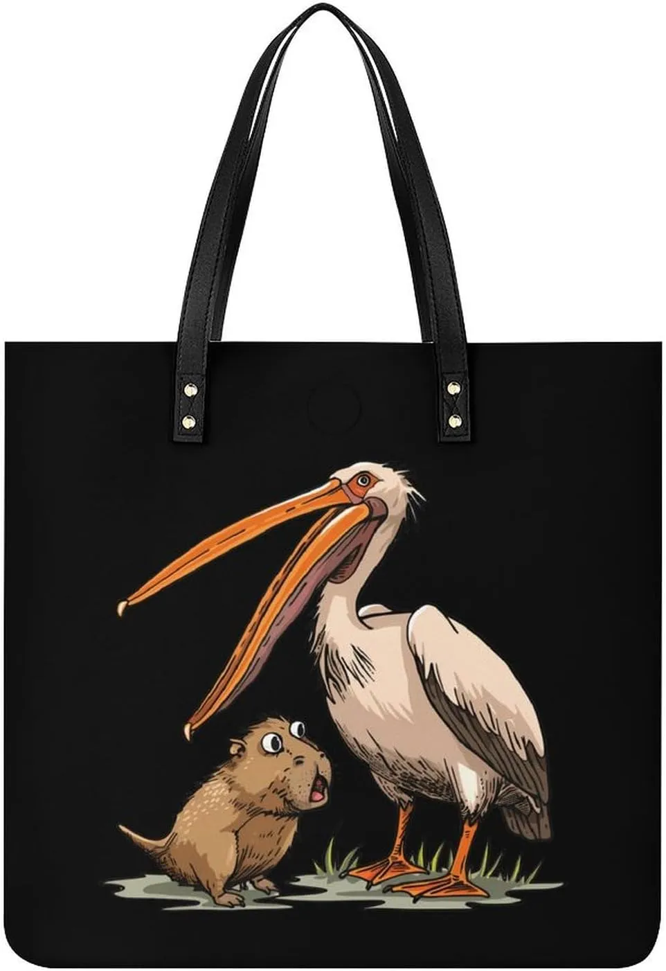 Pelican Tries to Eat Capybara Leather Tote Bag for Women Men Shoulder Bag Casual Handbag Work Bag 39x39cm