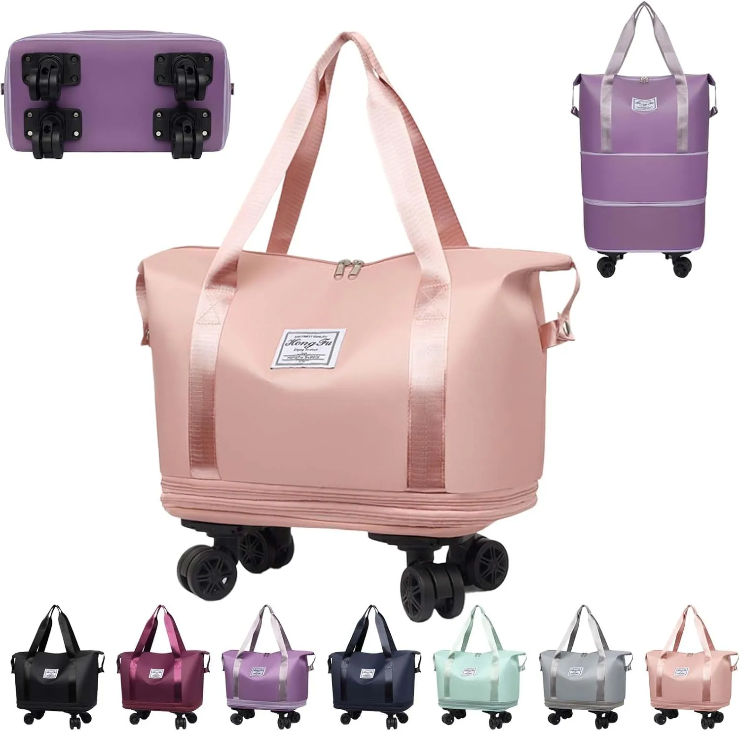 Pepepo Travel Bag with Wheels, Pepepo Large Travel Bag with Wheels, with Universal Wheel Removable, Expandable Foldable Duffle Bag, Rolling with Wheels (Pink)