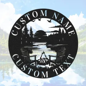 Personalized Camping Sign, Custom Metal Mountain Campfire Sign Wall Art Sun Sunset Lake Scene Campsite Monogram Decor Cabin Lake House Sign with Name