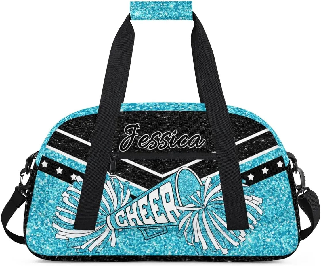 Personalized Cheer Sport Gym Duffel Bags Custom Cheerleadr Bag with Name, Customize Travel Duffle Bags, Overnight Weekender Bag Cheerleading Gifts, Teal Sparkly Glitter