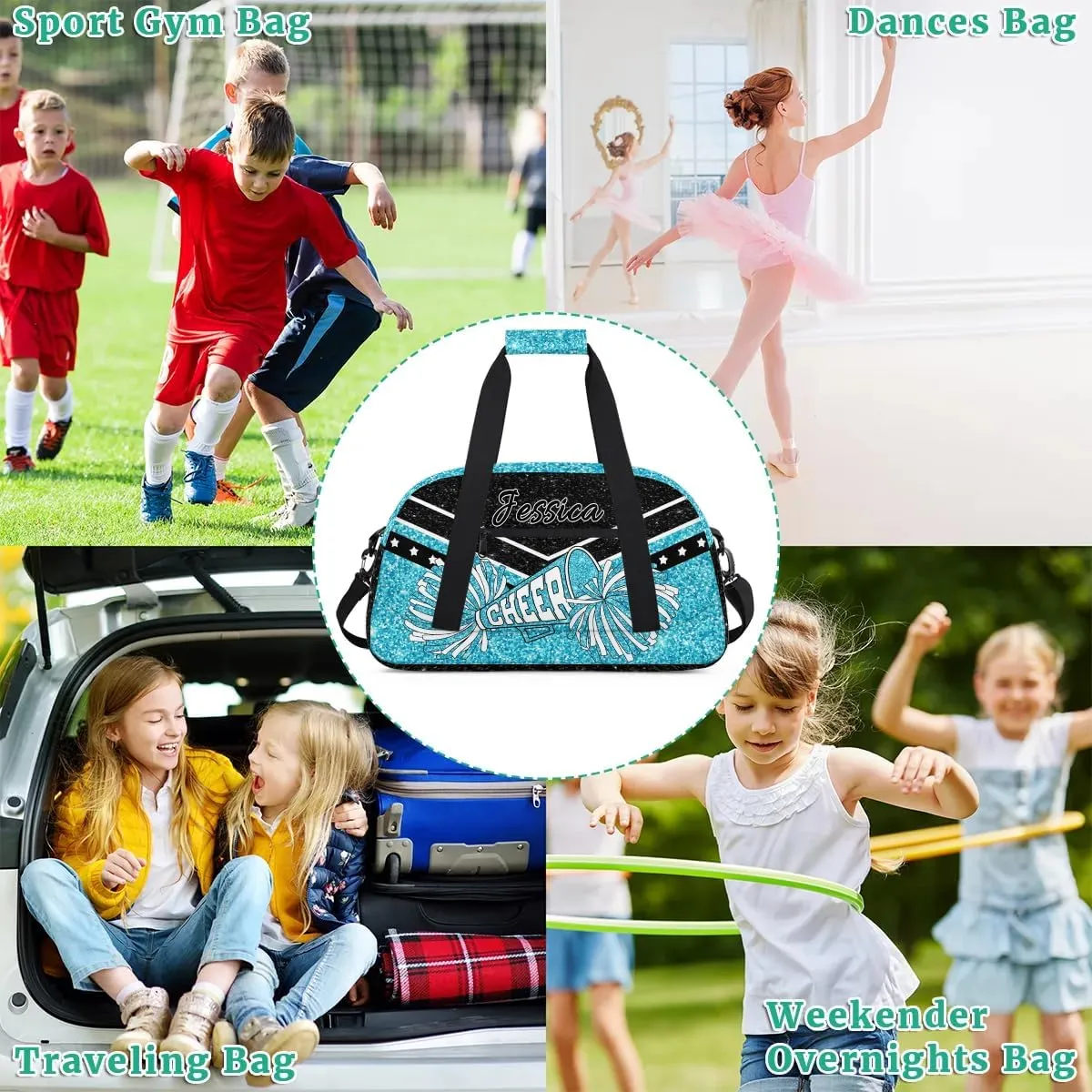 Personalized Cheer Sport Gym Duffel Bags Custom Cheerleadr Bag with Name, Customize Travel Duffle Bags, Overnight Weekender Bag Cheerleading Gifts, Teal Sparkly Glitter