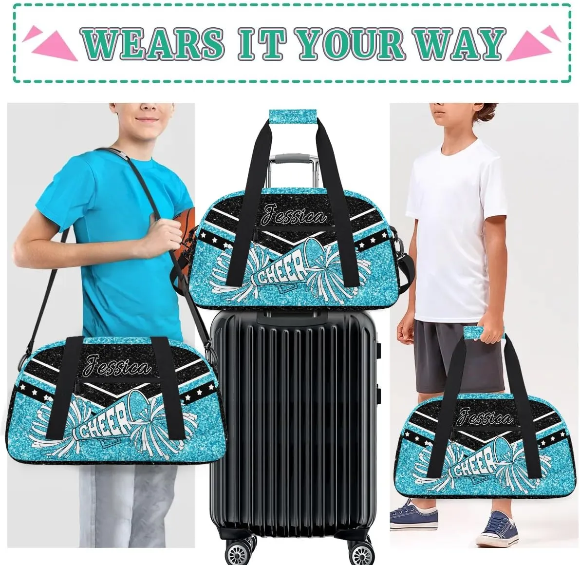 Personalized Cheer Sport Gym Duffel Bags Custom Cheerleadr Bag with Name, Customize Travel Duffle Bags, Overnight Weekender Bag Cheerleading Gifts, Teal Sparkly Glitter