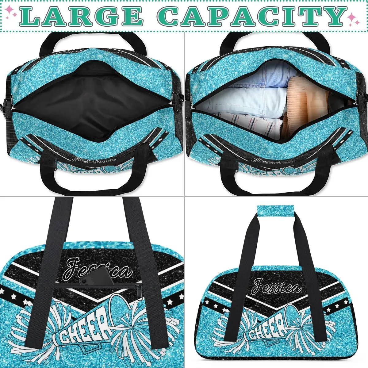 Personalized Cheer Sport Gym Duffel Bags Custom Cheerleadr Bag with Name, Customize Travel Duffle Bags, Overnight Weekender Bag Cheerleading Gifts, Teal Sparkly Glitter