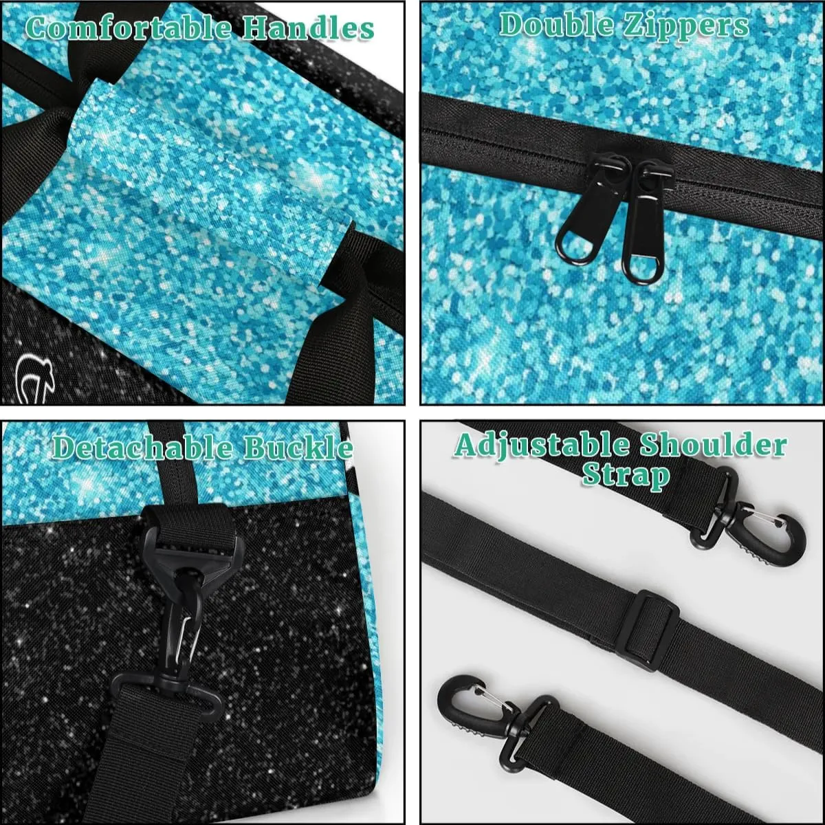 Personalized Cheer Sport Gym Duffel Bags Custom Cheerleadr Bag with Name, Customize Travel Duffle Bags, Overnight Weekender Bag Cheerleading Gifts, Teal Sparkly Glitter