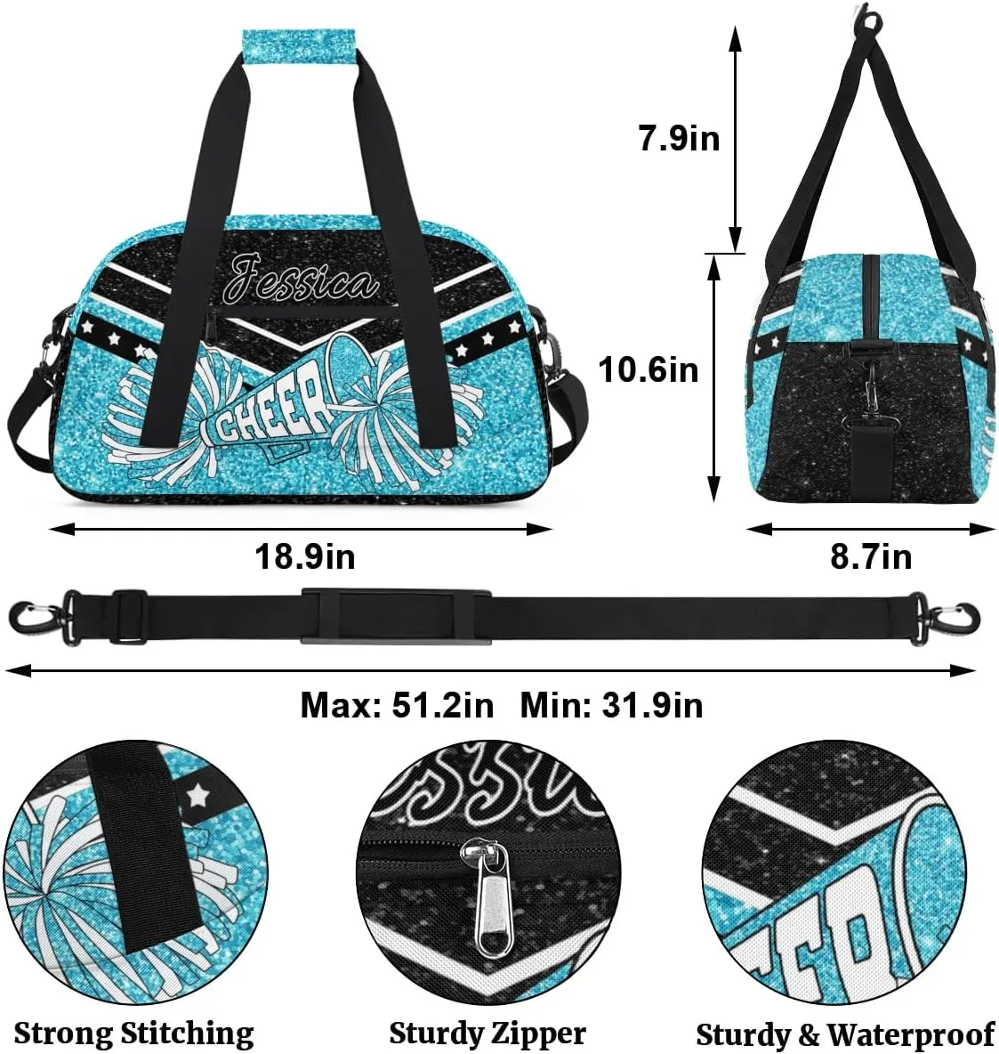 Personalized Cheer Sport Gym Duffel Bags Custom Cheerleadr Bag with Name, Customize Travel Duffle Bags, Overnight Weekender Bag Cheerleading Gifts, Teal Sparkly Glitter
