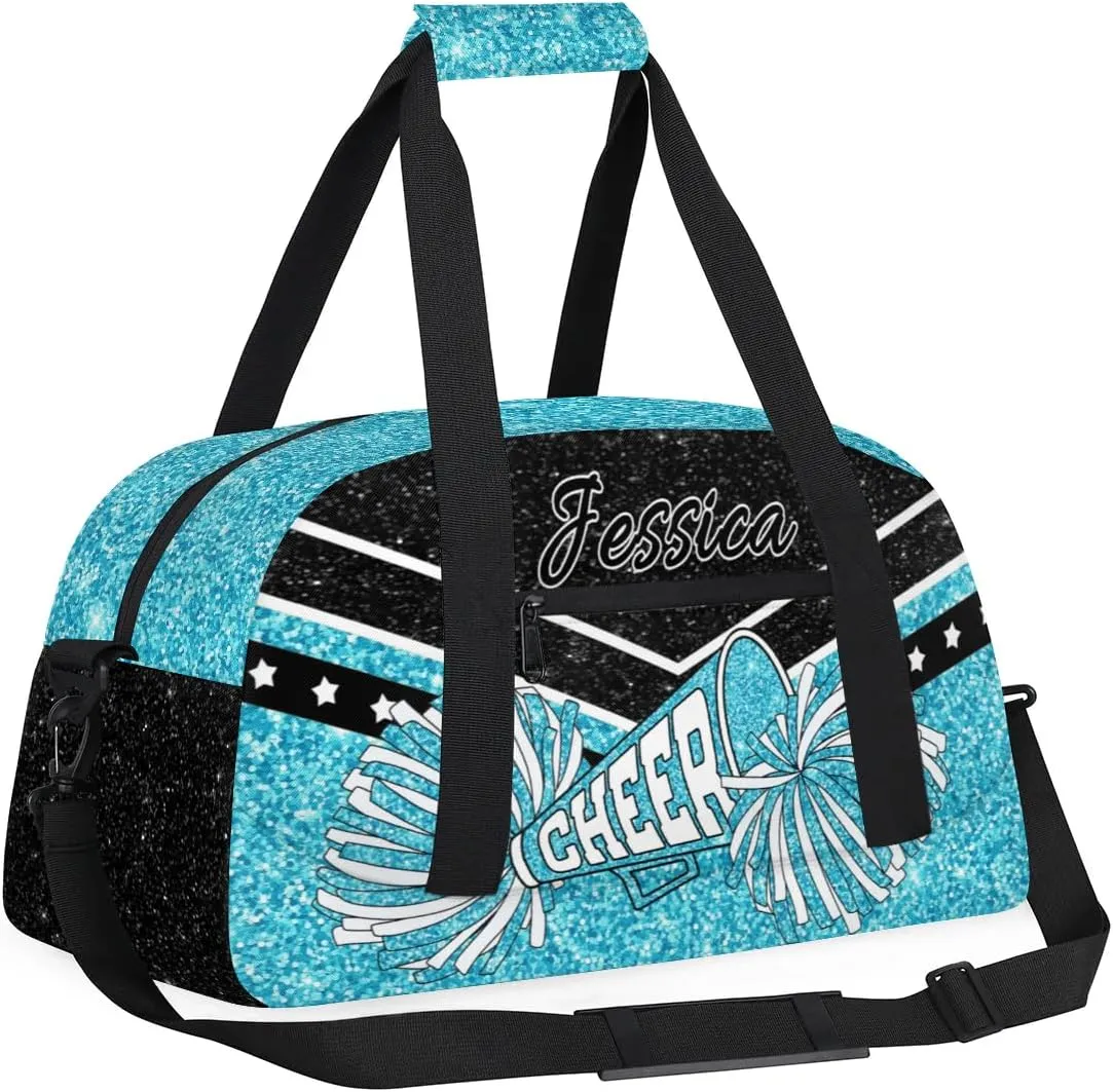 Personalized Cheer Sport Gym Duffel Bags Custom Cheerleadr Bag with Name, Customize Travel Duffle Bags, Overnight Weekender Bag Cheerleading Gifts, Teal Sparkly Glitter