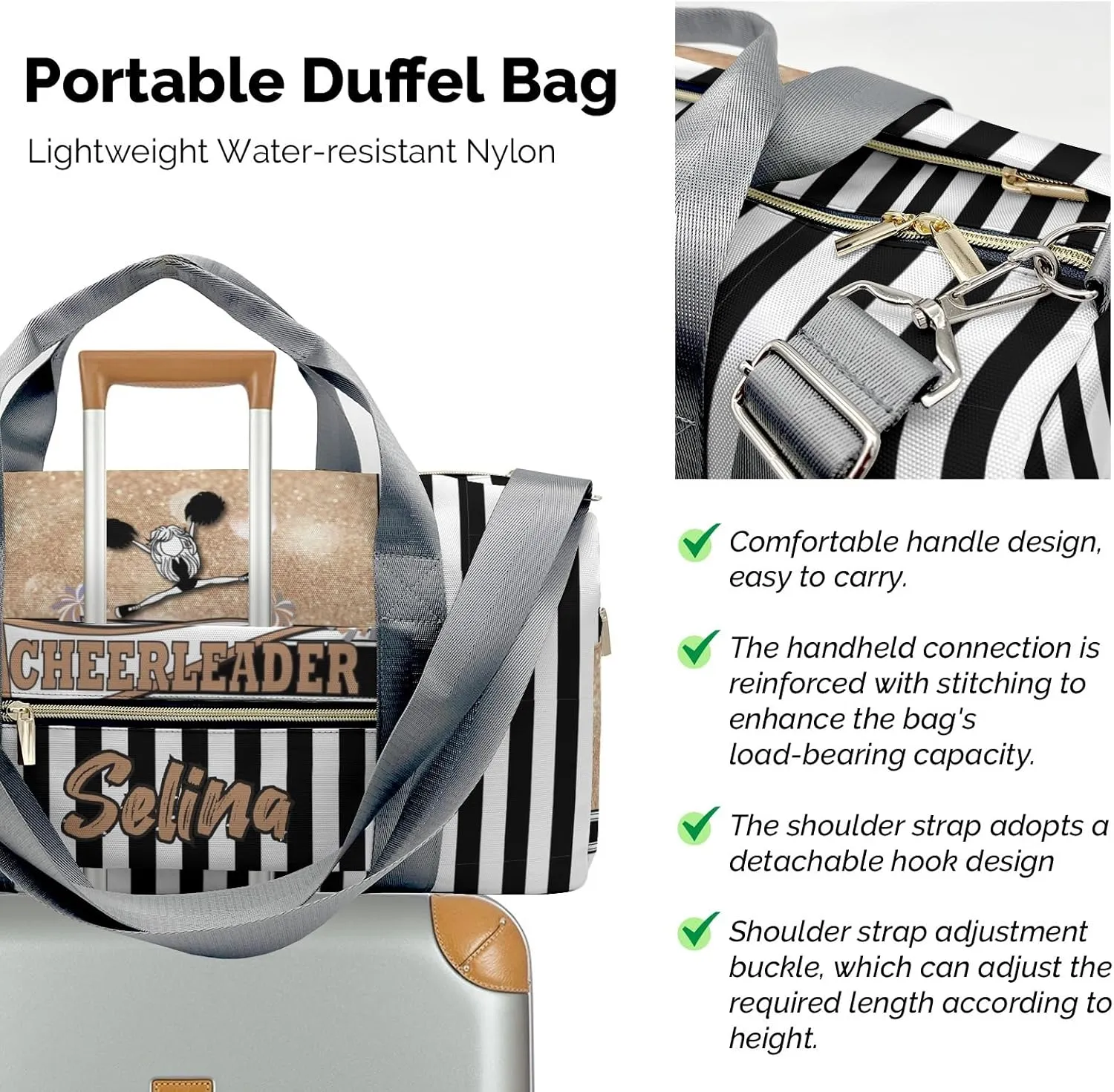 Personalized Gift Duffel Bag Cheerleader Girl Sparkly Gold Pom Pom Travel in Style: Trendy Bags for Sport and Leisure