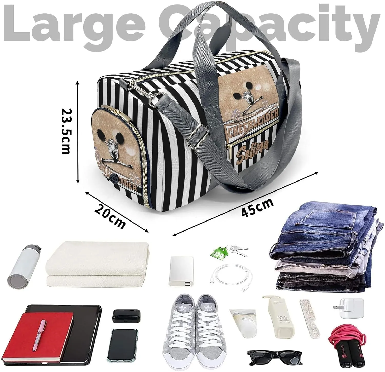 Personalized Gift Duffel Bag Cheerleader Girl Sparkly Gold Pom Pom Travel in Style: Trendy Bags for Sport and Leisure