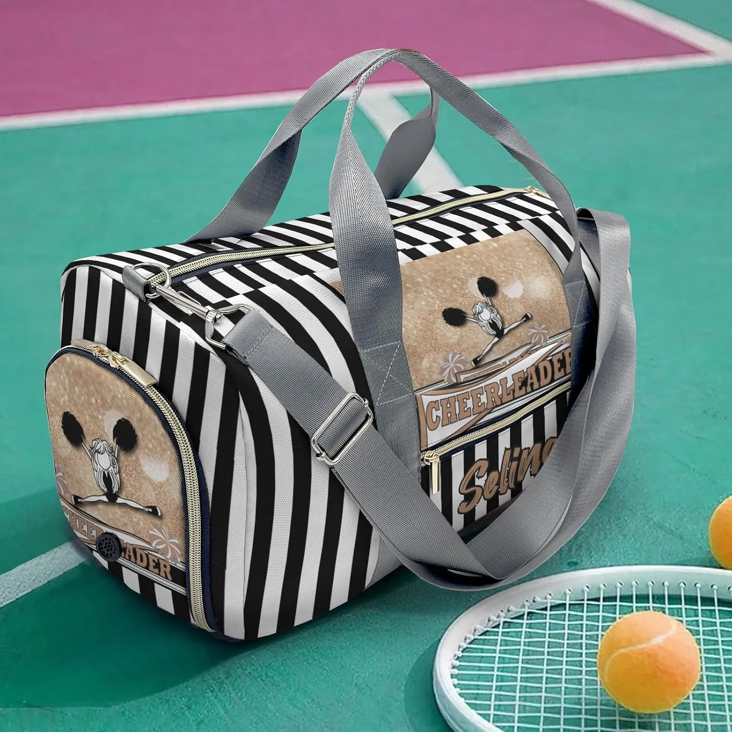 Personalized Gift Duffel Bag Cheerleader Girl Sparkly Gold Pom Pom Travel in Style: Trendy Bags for Sport and Leisure