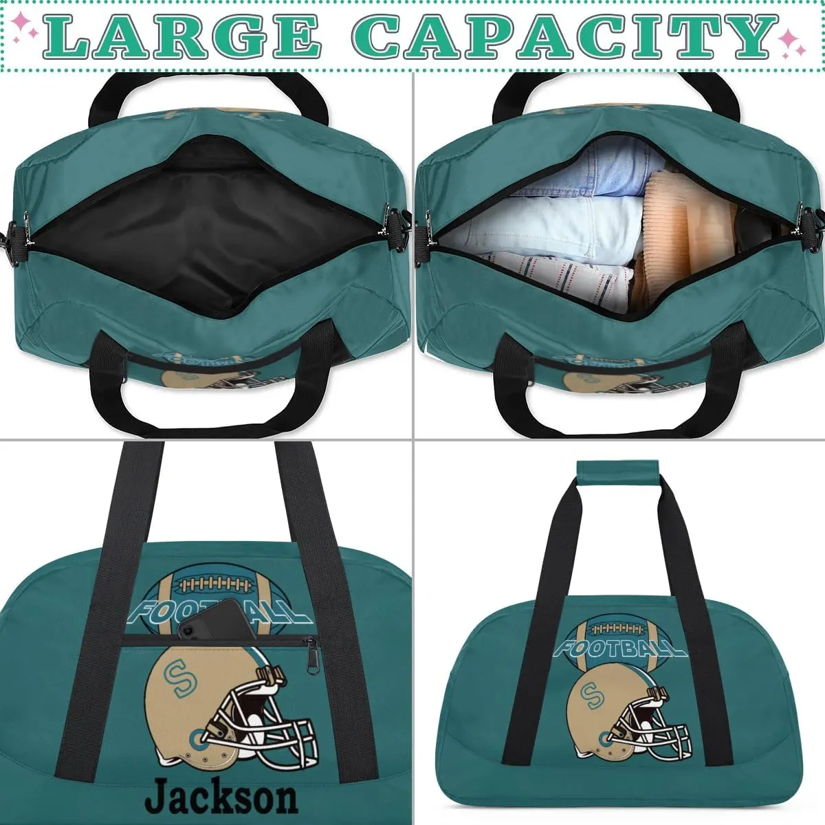 Personalized Kids Gym Bag, Custom Sport Duffel Bag for Boys - Overnight Weekender Bag Carry on Tote for Airplane Swim Travel - Dark Cyan