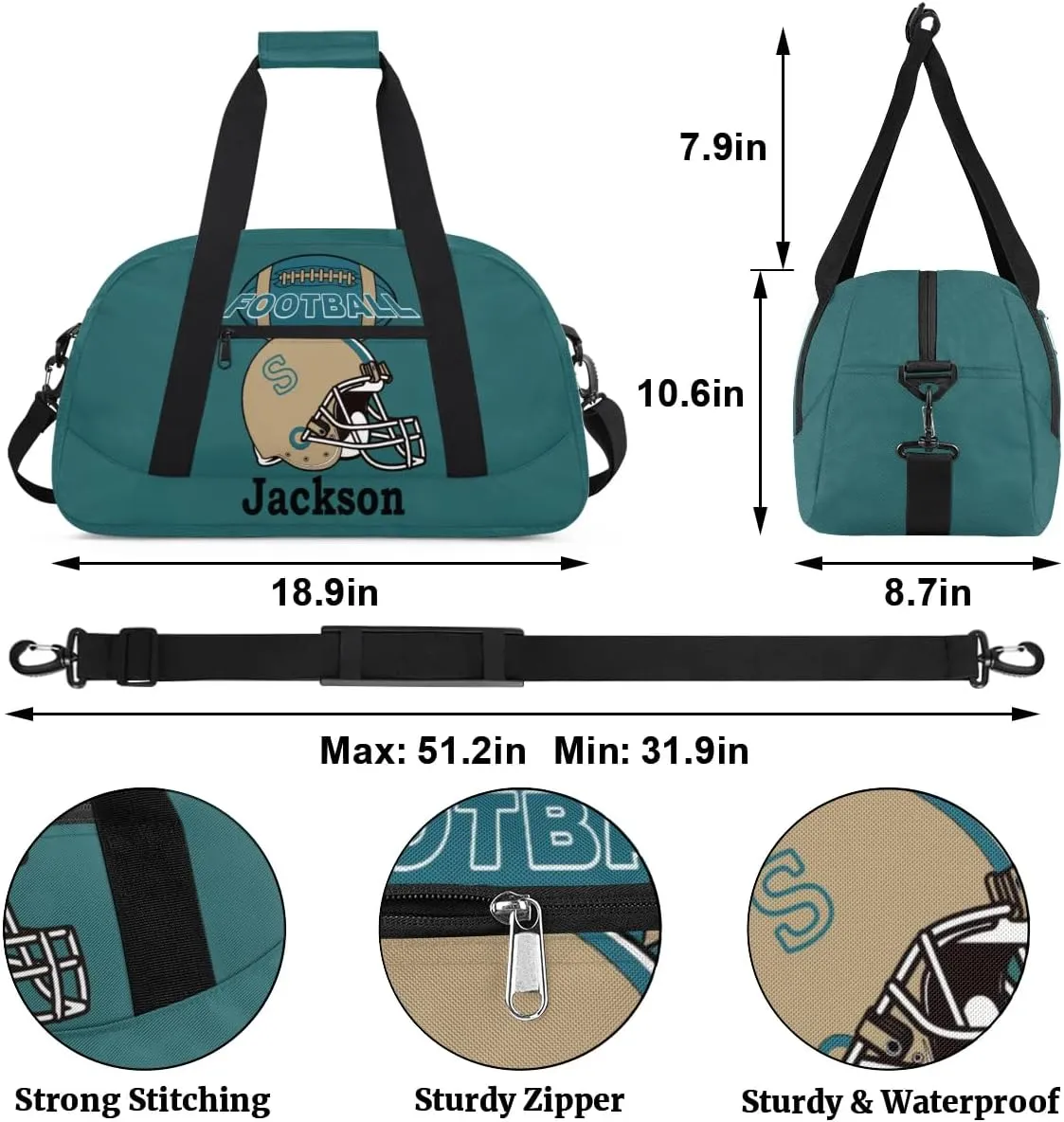 Personalized Kids Gym Bag, Custom Sport Duffel Bag for Boys - Overnight Weekender Bag Carry on Tote for Airplane Swim Travel - Dark Cyan