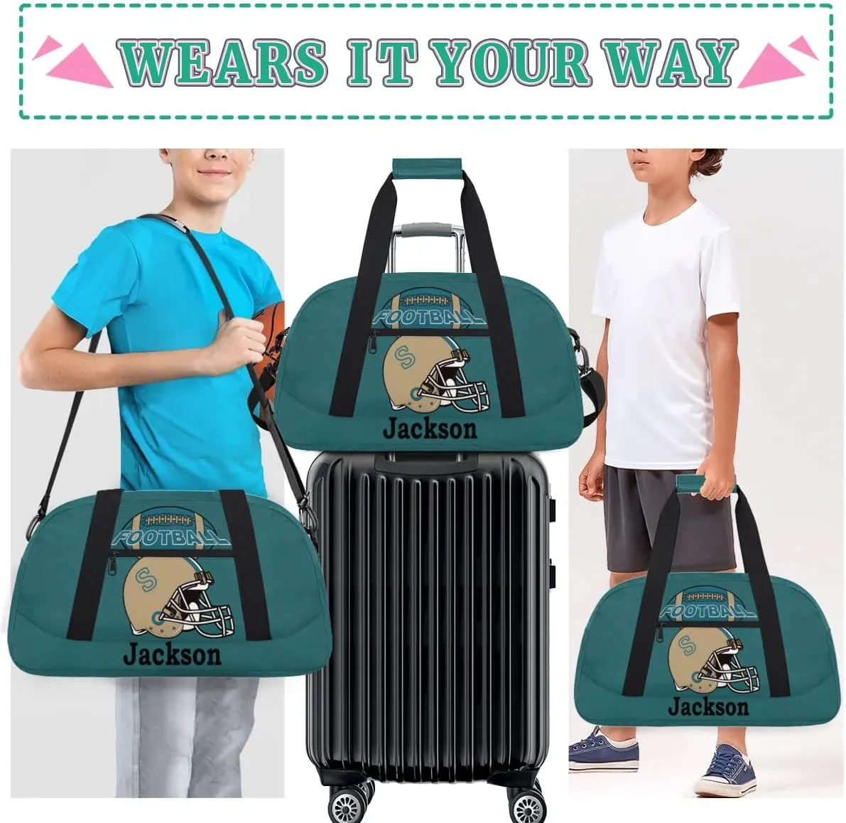 Personalized Kids Gym Bag, Custom Sport Duffel Bag for Boys - Overnight Weekender Bag Carry on Tote for Airplane Swim Travel - Dark Cyan