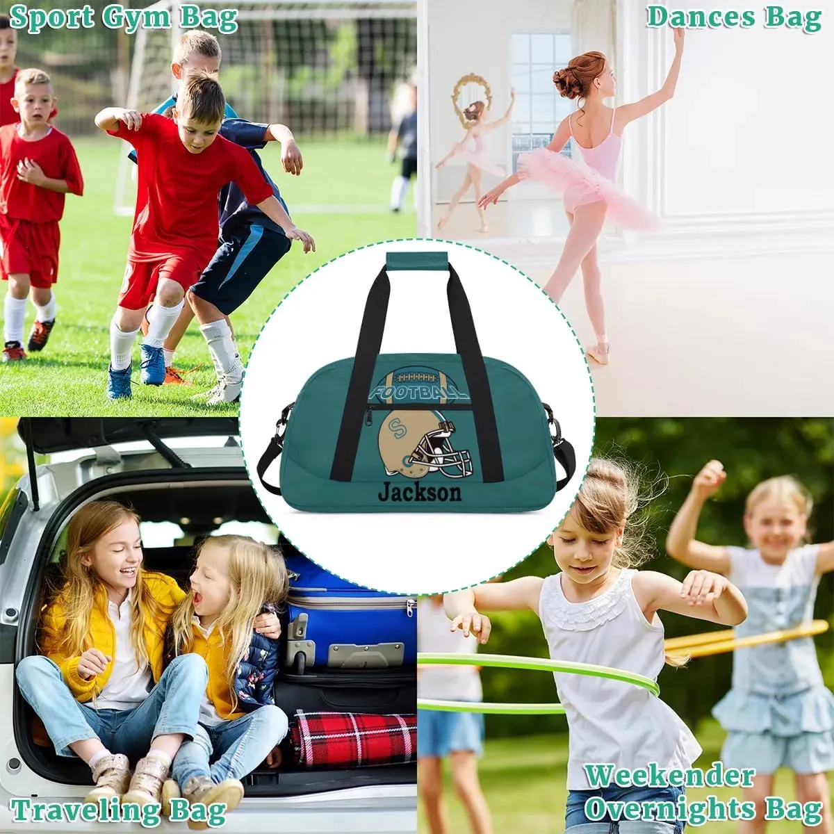 Personalized Kids Gym Bag, Custom Sport Duffel Bag for Boys - Overnight Weekender Bag Carry on Tote for Airplane Swim Travel - Dark Cyan