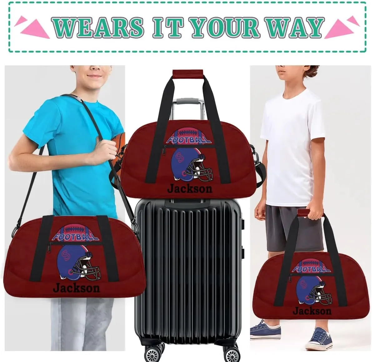 Personalized Kids Gym Bag, Custom Sport Duffel Bag for Boys - Overnight Weekender Bag Carry on Tote for Airplane Swim Travel - Maroon
