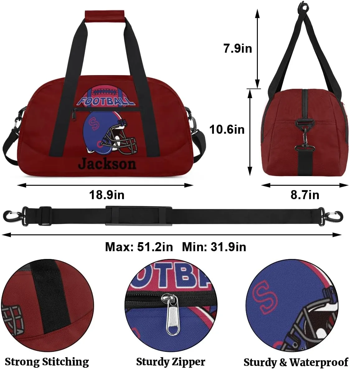 Personalized Kids Gym Bag, Custom Sport Duffel Bag for Boys - Overnight Weekender Bag Carry on Tote for Airplane Swim Travel - Maroon