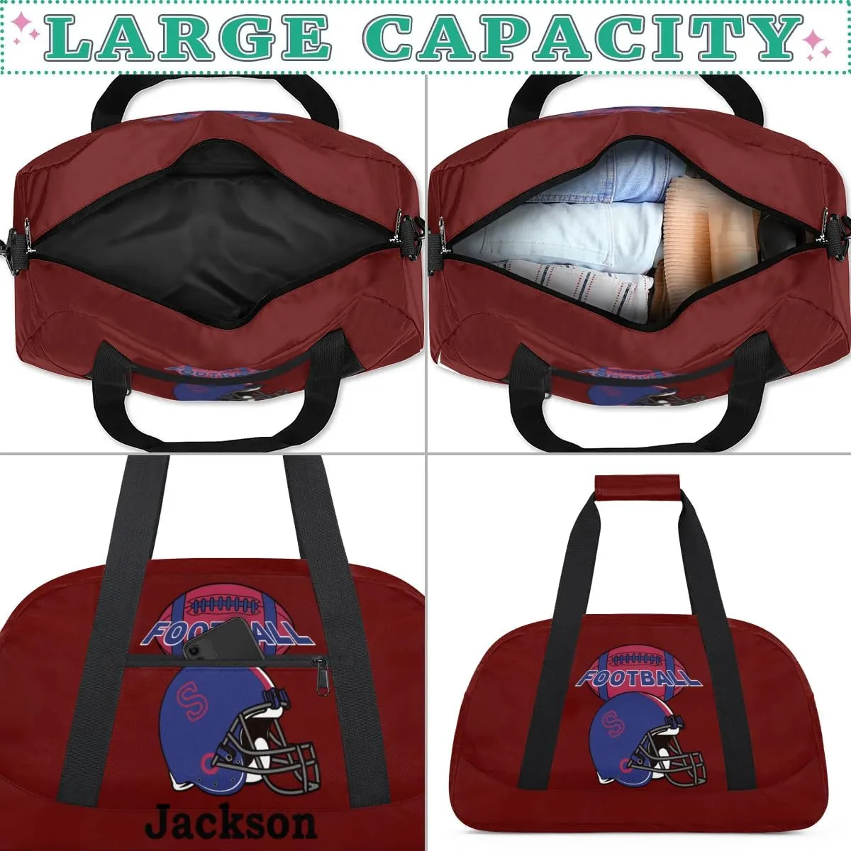 Personalized Kids Gym Bag, Custom Sport Duffel Bag for Boys - Overnight Weekender Bag Carry on Tote for Airplane Swim Travel - Maroon