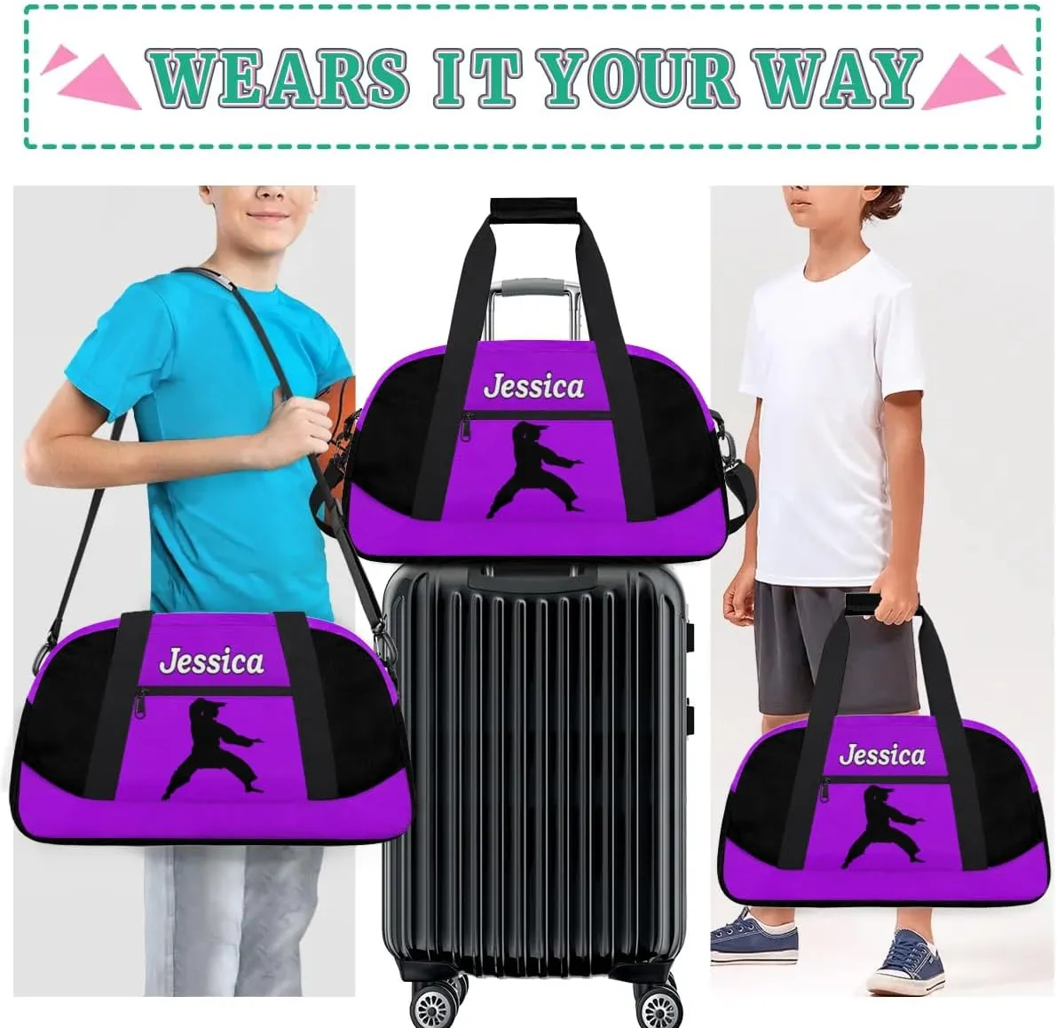 Personalized Kids Gym Bag, Custom Sport Duffel Bag for Boys - Overnight Weekender Bag Carry on Tote for Airplane Swim Travel - Taekwondo Purple